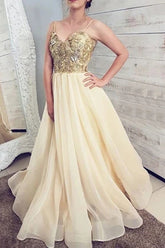 Gorgeous Ball Gown V-neck Spaghetti Straps Daffodil Organza Long Prom Dresses,Lace Gown Dresses